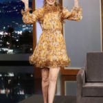 Karen Gillan in a Floral Yellow Dress Attends Jimmy Kimmel Live in Los Angeles