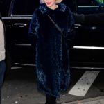 Lucy Boynton in a Blue Leopard Print Fur Coat Arrives at Good Morning America in New York