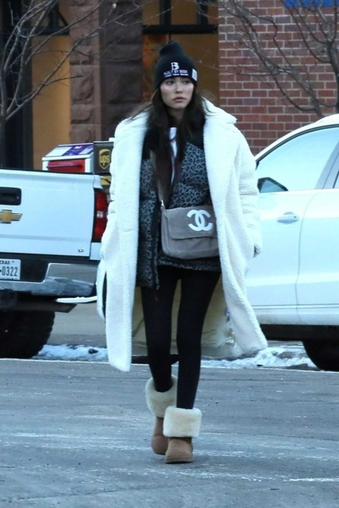Madison Beer in a White Fur Coat