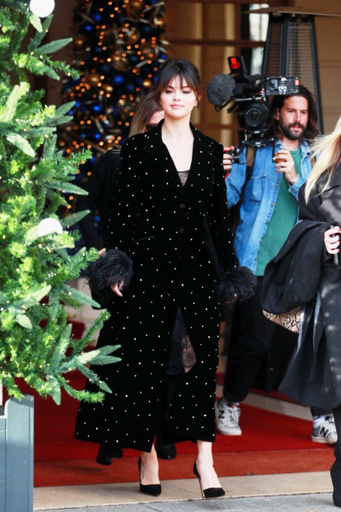 Selena Gomez in a Black Polka Dot Coat