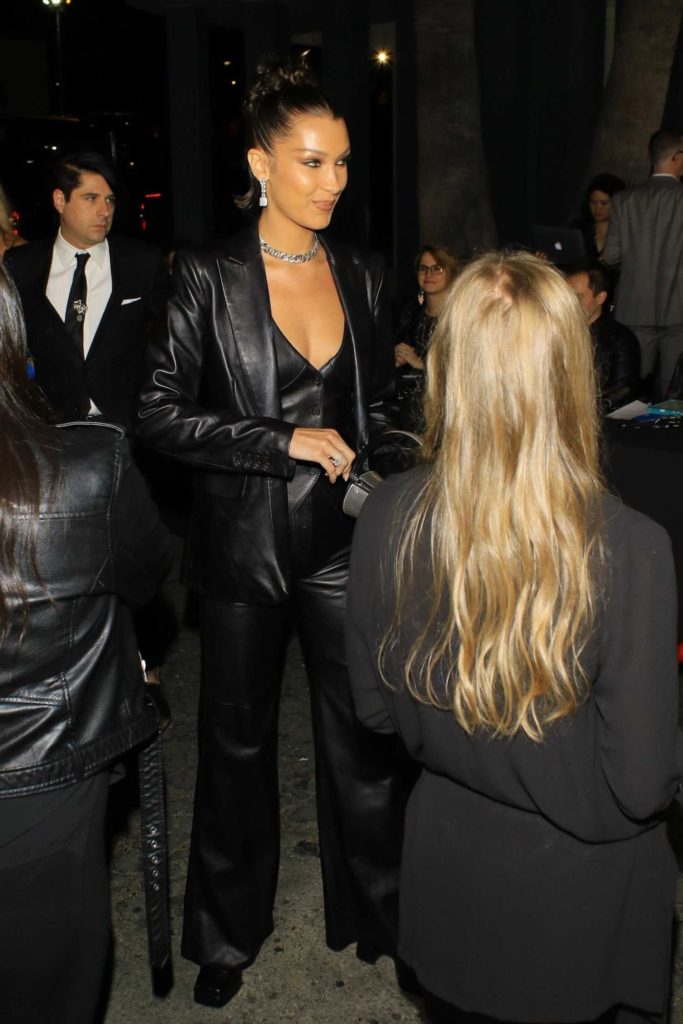 Bella Hadid in a Black Leather Suit
