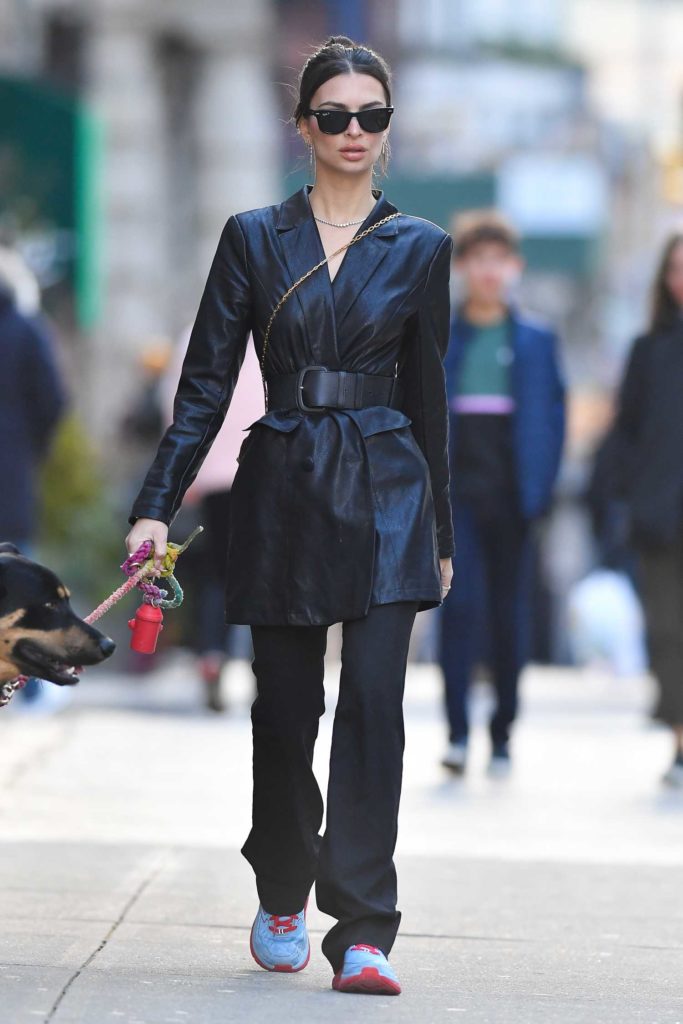 Emily Ratajkowski in a Black Leather Trench Coat