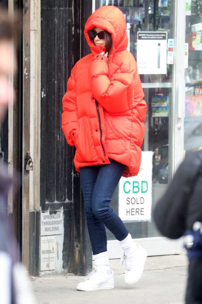 Emily Ratajkowski in a Red Puffer Jacket