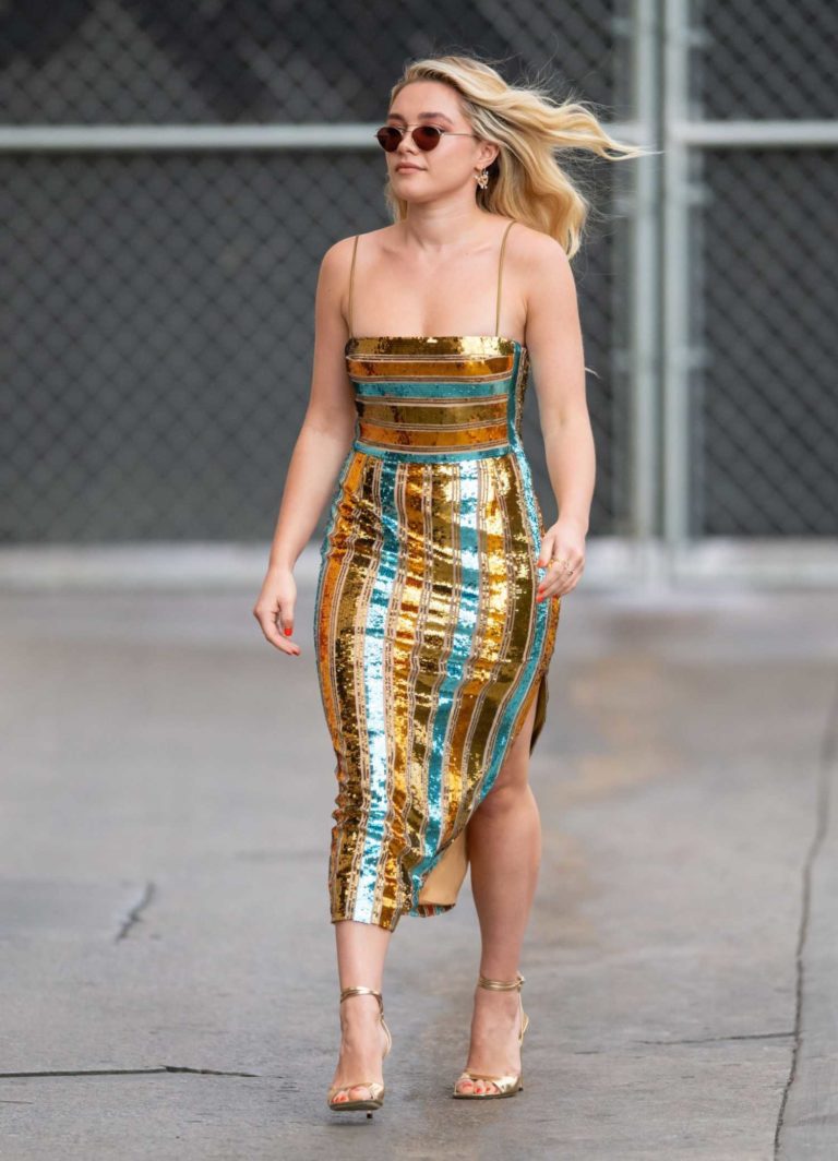 Florence Pugh in a Striped Gold Dress Arrives at the Jimmy Kimmel Live