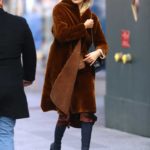 Martha Hunt in a Brown Fur Coat at the Opening Bell of the Nasdaq in Times Square in NY