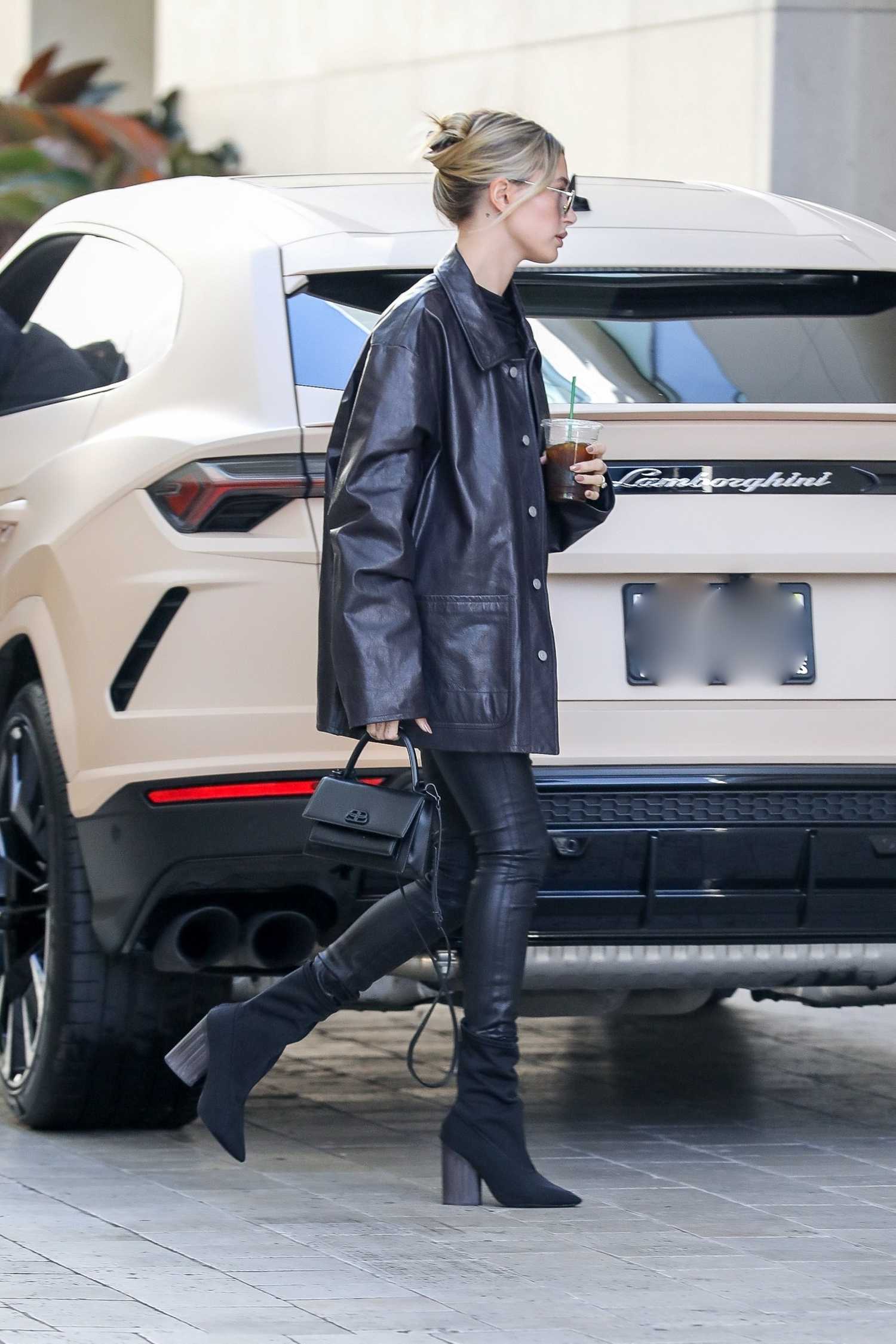 Hailey Bieber in a Black Leather Jacket Was Seen Out in Los Angeles