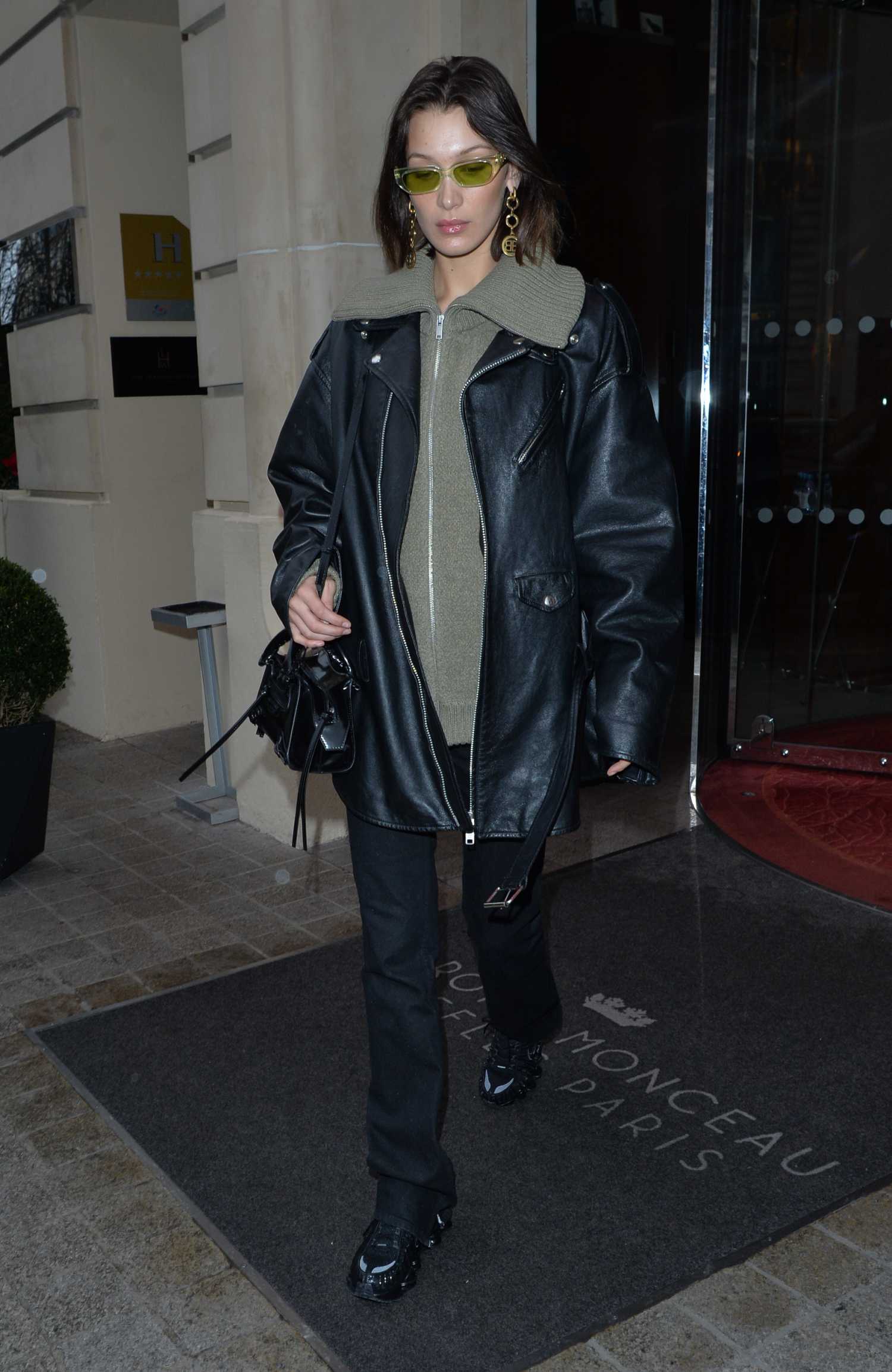 Bella Hadid in a Black Leather Jacket Leaves Her Hotel in Paris – Celeb ...