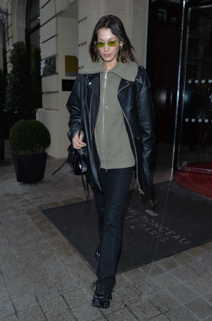 Bella Hadid in a Black Leather Jacket