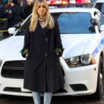 Kaley Cuoco in a Black Coat on the Set of The Flight Attendant with Zosia Mamet in NYC