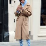 Alice Eve in a Tan Coat Leaves a Butcher Shop in London