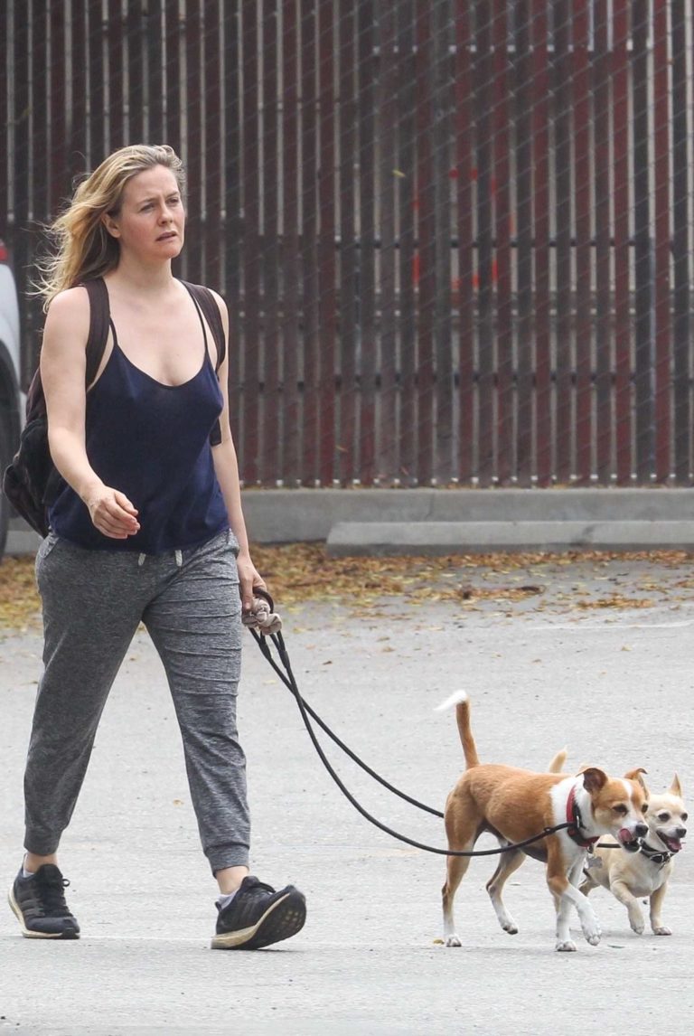 Alicia Silverstone in a Black Tank Top Walks Her Dogs in Hollywood