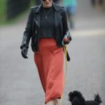 Ashley James in a Black Leather Jacket Walks Her Dog in London
