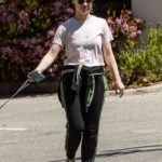 Becca Tobin in a Beige Tee Walks Her Dog in Los Angeles