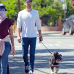 Chace Crawford in a White Long Sleeves T-Shirt Walks His Dog in Los Angeles