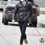 Hugh Jackman in a Black Jacket Walks His Dog Out with Deborra-Lee Furness in New York