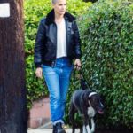 Bianca Butti in a Black Jacket Walks Her Dog Around Her Neighborhood in Los Angeles