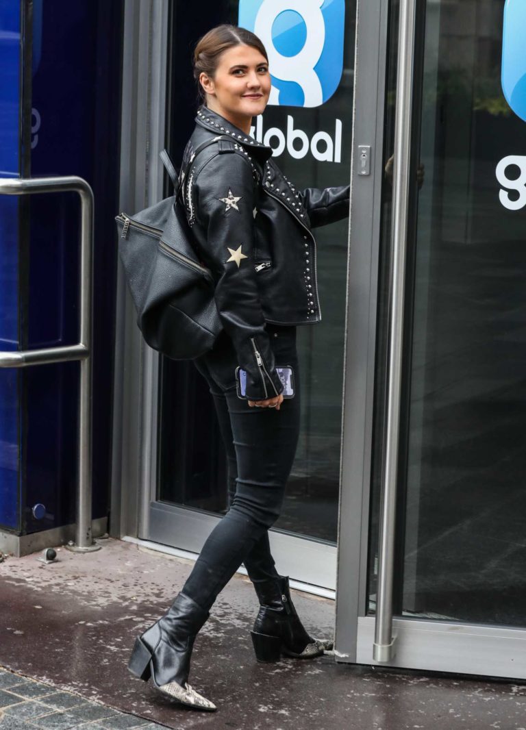 Aimee Vivian in a Black Leather Jacket Arrives at the Global Radio