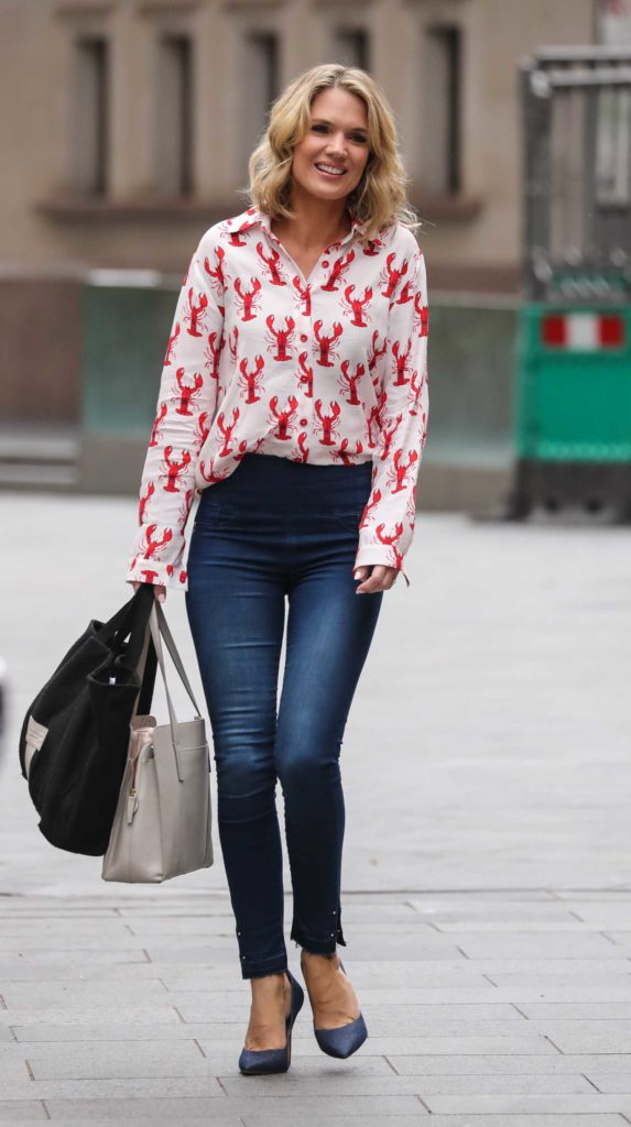 Charlotte Hawkins in a Lobster Patterned White Shirt