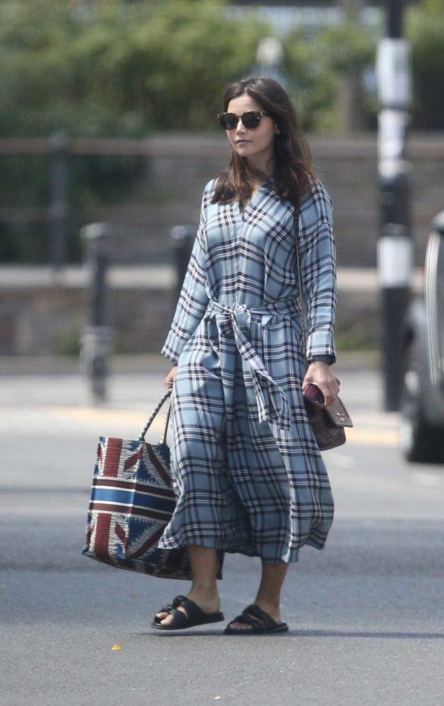 Jenna Coleman in a Gray Plaid Dress