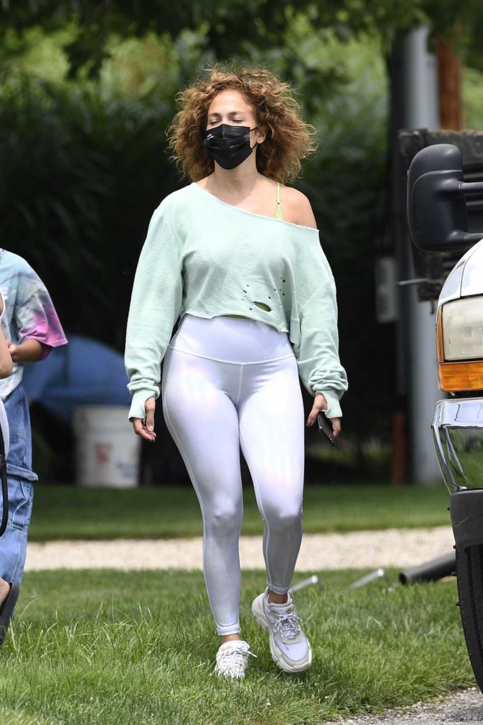Jennifer Lopez in a White Leggings Steps Out for a Morning Walk in
