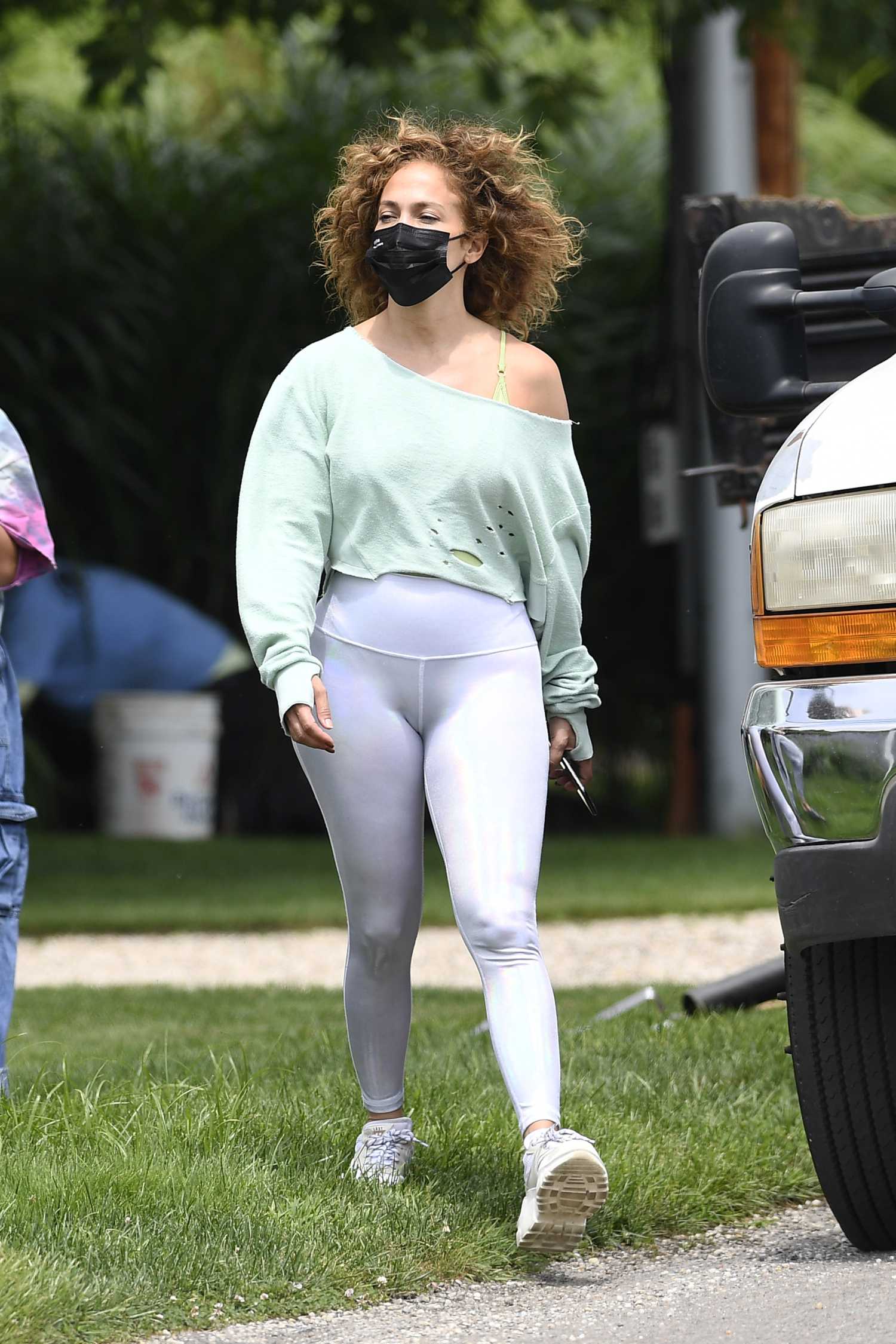 Jennifer Lopez in a White Leggings Steps Out for a Morning Walk in