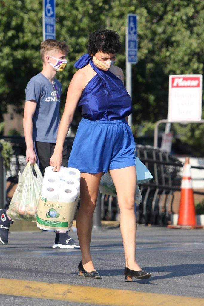 in a Blue Shorts Shops for Essentials in Los Feliz 08/17/2020