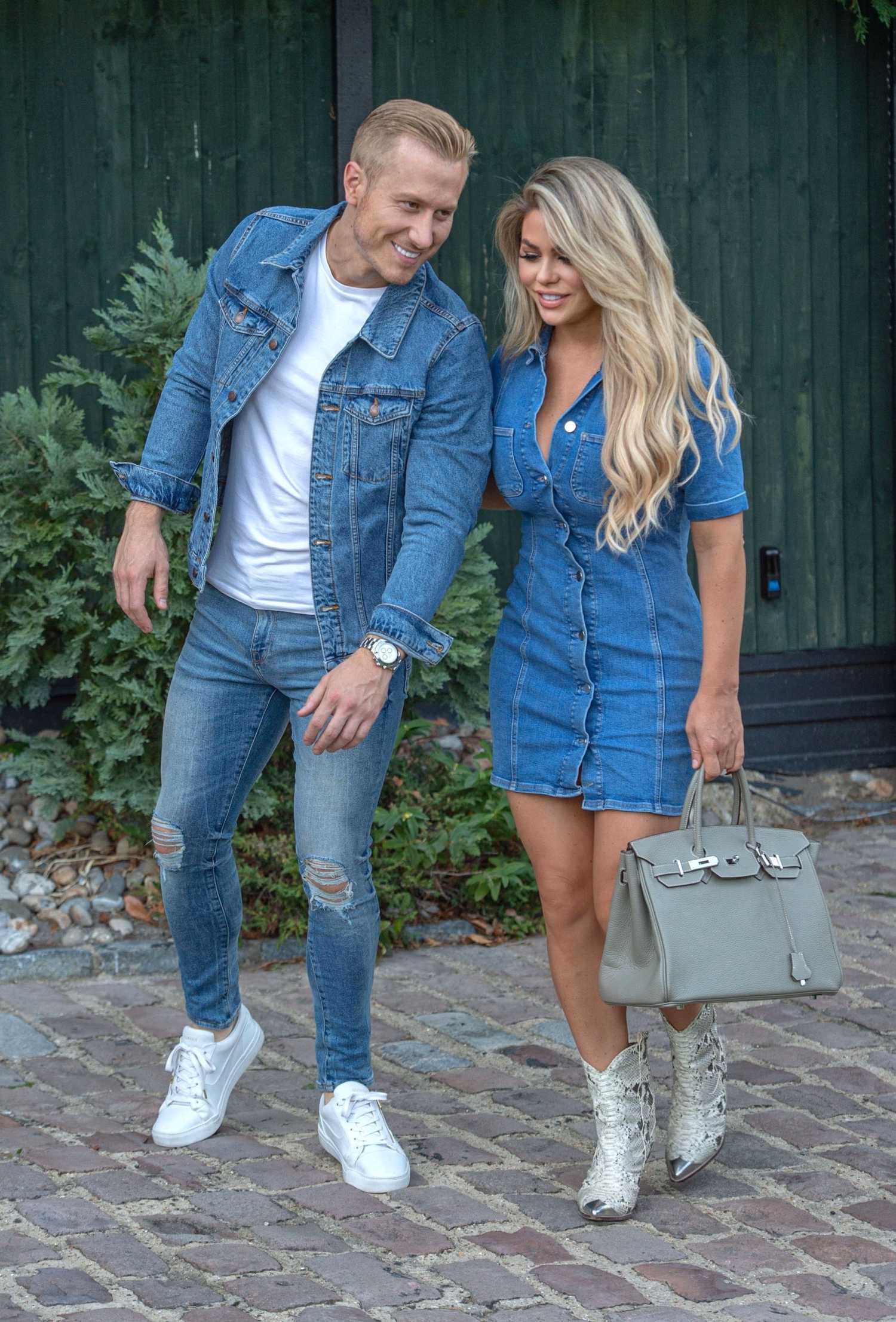 Bianca Gascoigne in a Blue Denim Dress Was Seen Out with Kris Boyson in