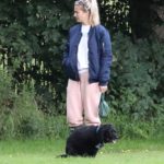 Gemma Atkinson in a Blue Jacket Walks Her Dog at a Park in Manchester