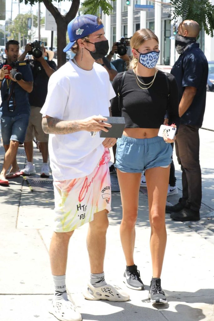 Hailey Bieber in a Blue Shorts