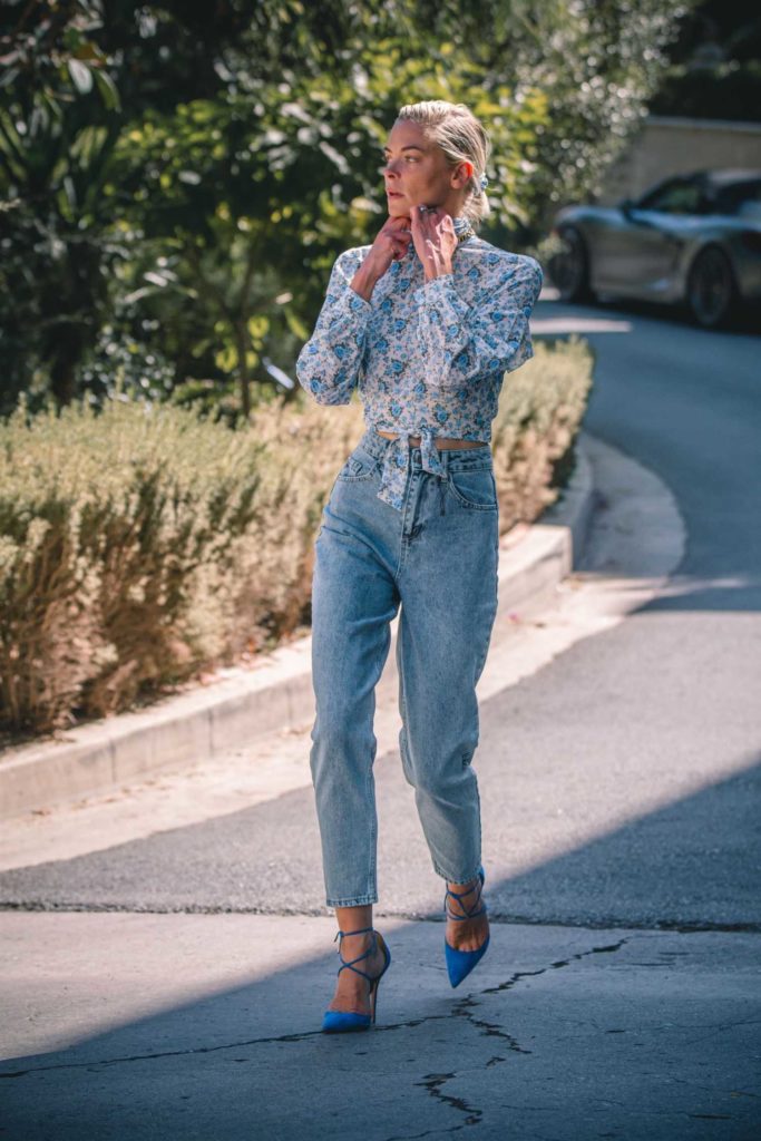 Jaime King in a Blue Floral Blouse