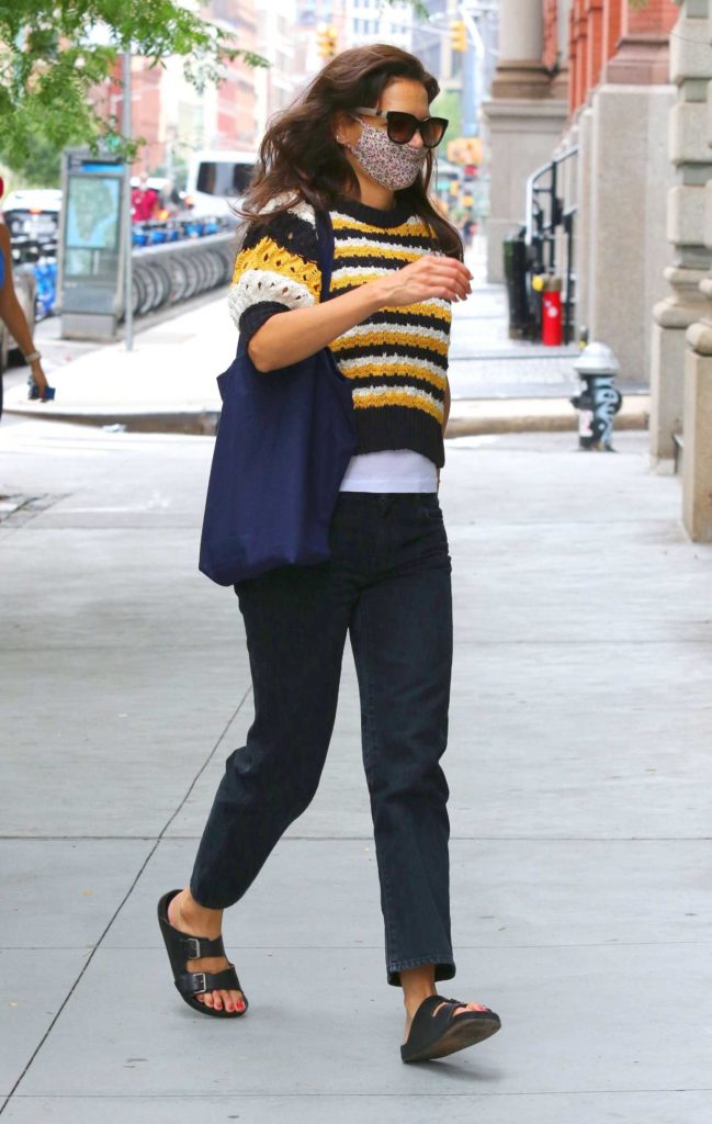 Katie Holmes in a Striped Yellow Knitted Sweater