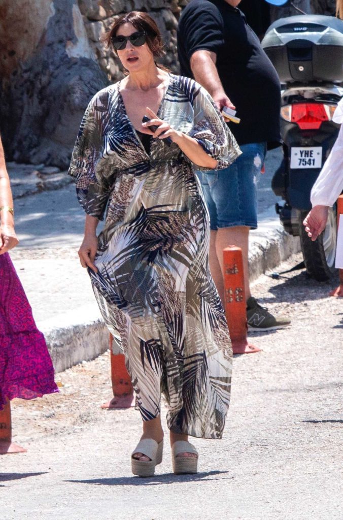 Monica Bellucci in a Beige Tone Tropical Dress