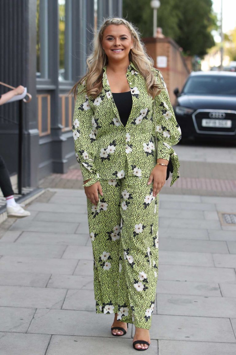 Saffron Lempriere in a Floral Green Summer Suit on the Set of The Only
