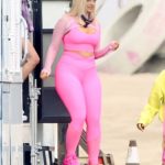 Bebe Rexha in a Pink Exercise Outfit on the Set of a New JBL Headgear in Los Angeles