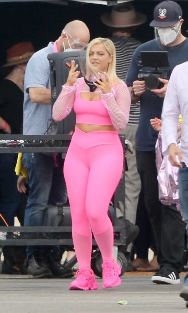 Bebe Rexha in a Pink Exercise Outfit on the Set of a New JBL Headgear ...