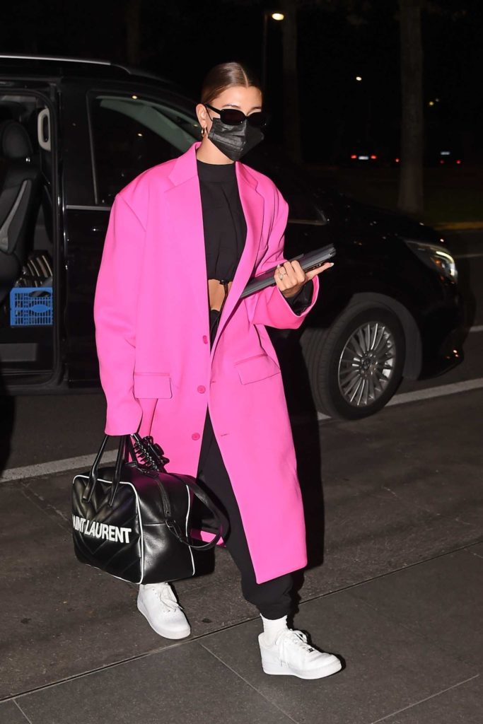 Hailey Bieber in a Pink Coat
