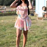 Yazmin Oukhellou in a Full Colour Mini Dress on the Set of The Only Way is Essex TV Show in Essex