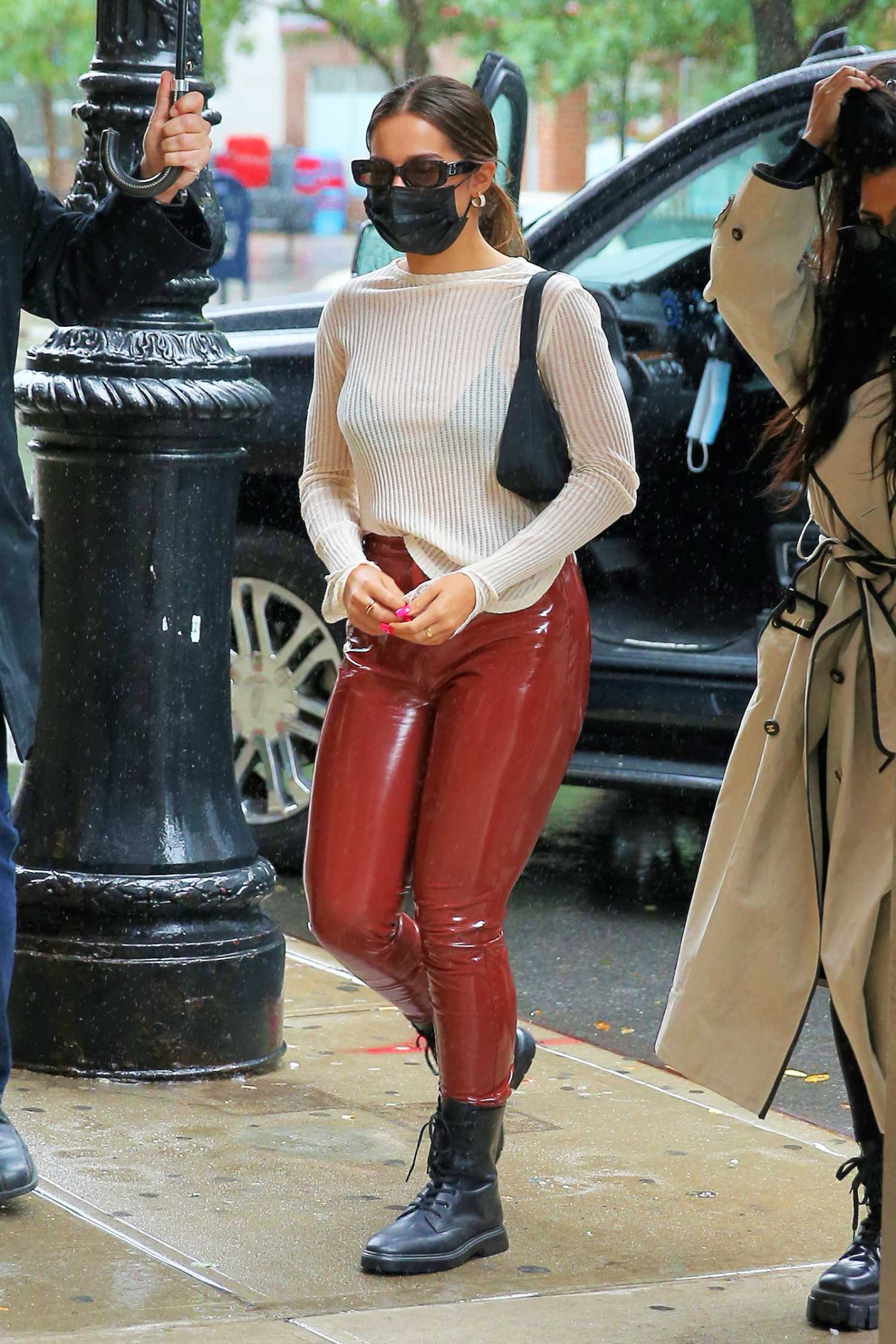 Addison Rae in a Red Leather Pants Arrives at the Greenwich Hotel in