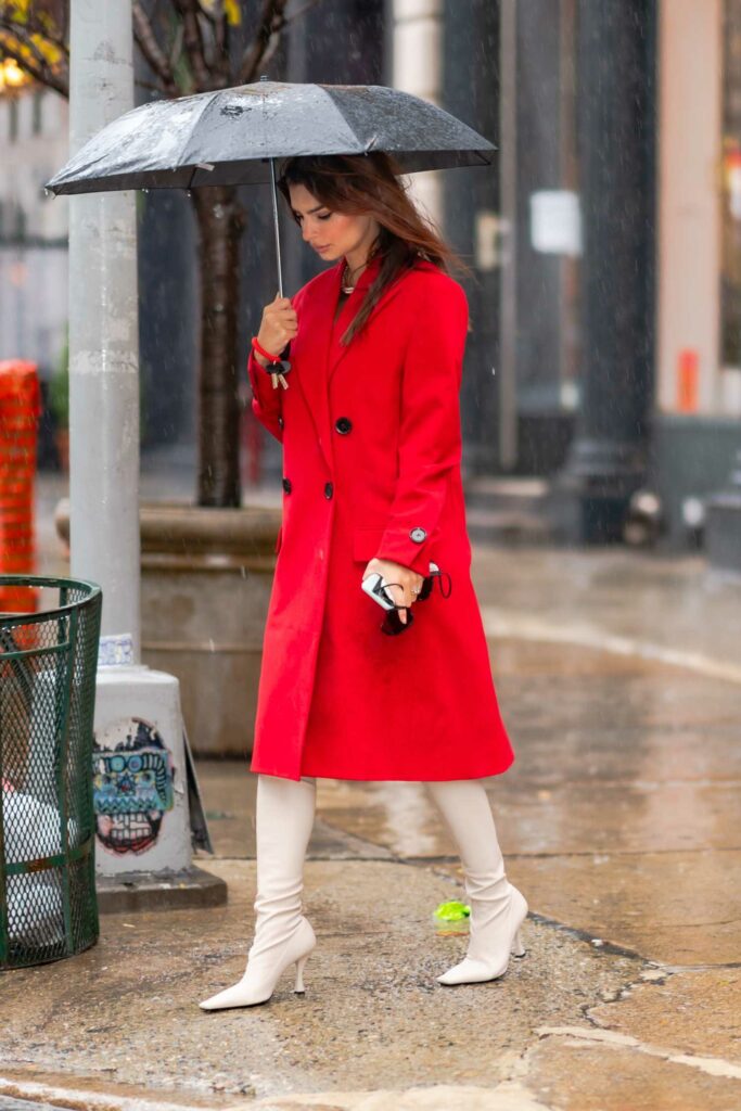 Emily Ratajkowski in a Red Coat