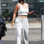 Jeannie Mai in a Grey Workout Ensemble Attends the DWTS Studio in Los Angeles