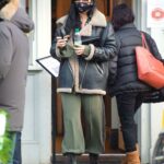 Daisy Lowe in a Black Sheepskin Jacket Leaves a Coffee Shop in London