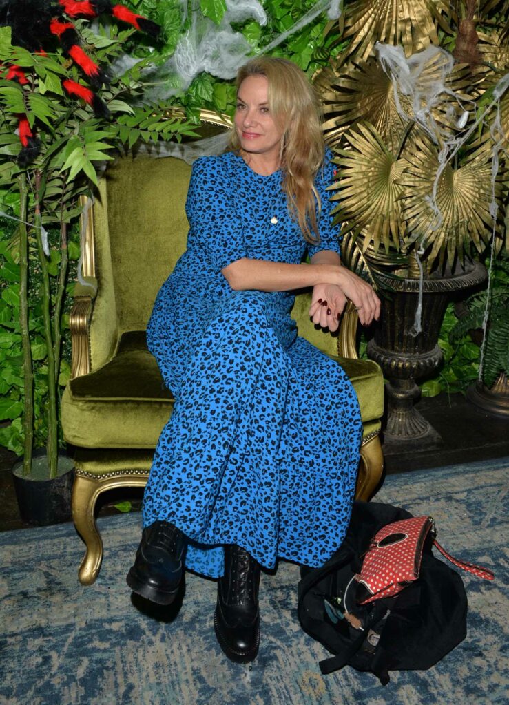 Tamzin Outhwaite in a Blue Animal Print Dress