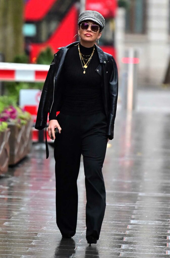Myleene Klass in a Black Leather Jacket