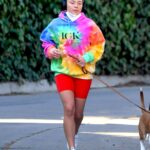 Florence Pugh in a Colorful Tie-Dye Hoodie Walks Her Dog in Los Angeles