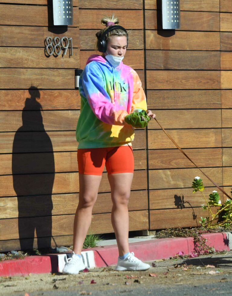 Florence Pugh in a Colorful Tie-Dye Hoodie Walks Her Dog in Los Angeles