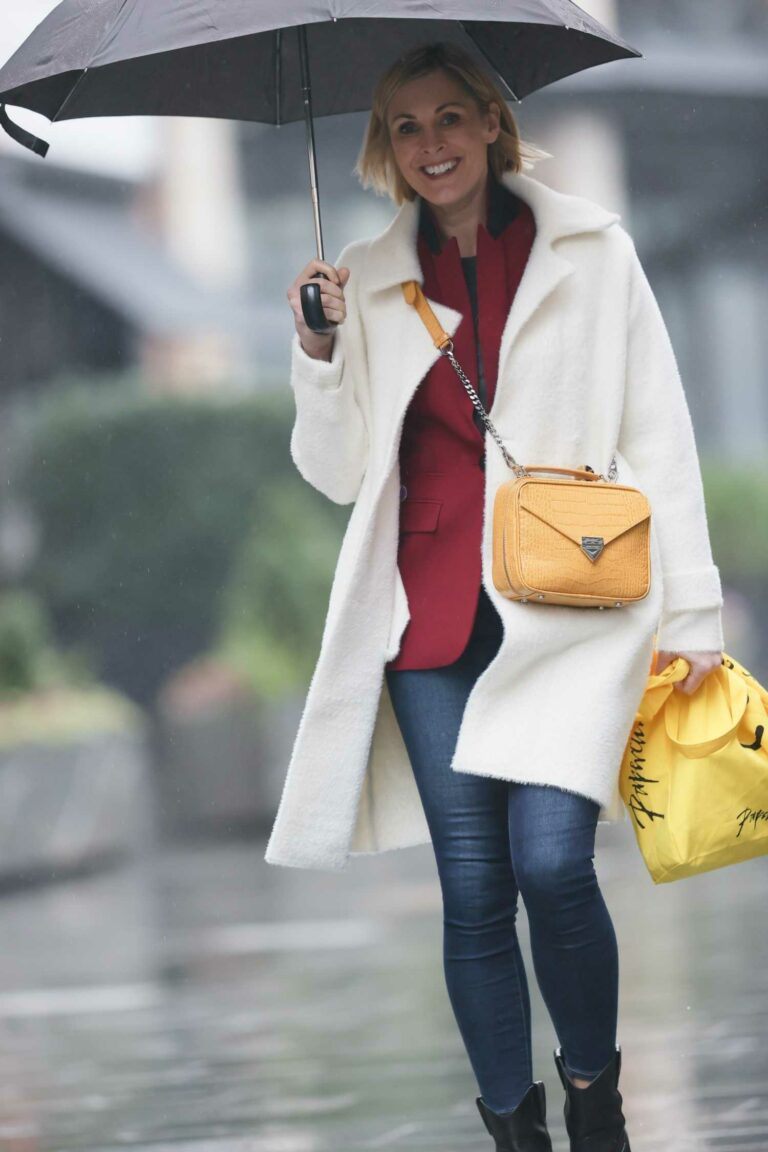 Jenni Falconer in a White Coat Arrives at the Smooth Radio Studios in