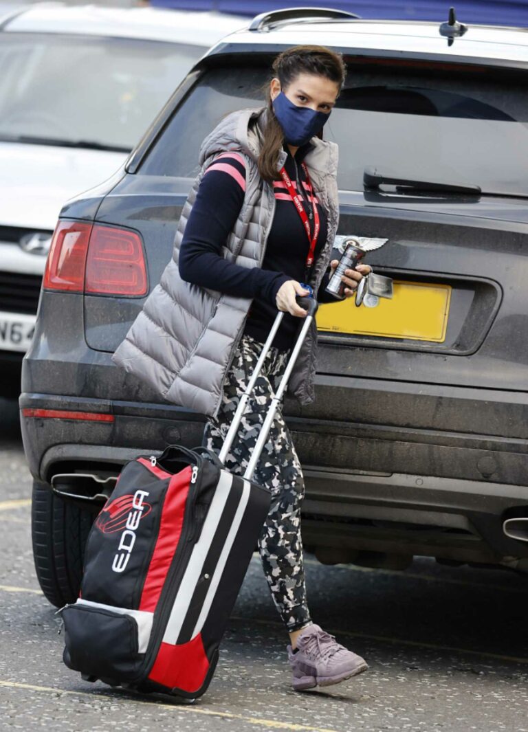 Rebekah Vardy in a Blue Protective Mask Arrives at Ice Rink in