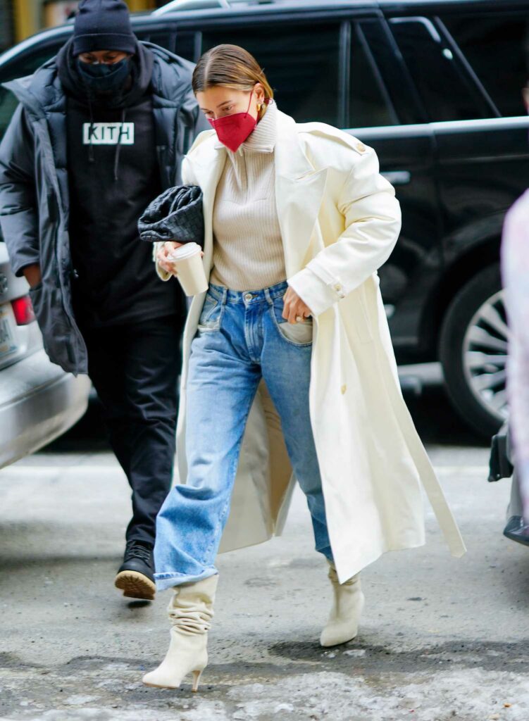 Hailey Bieber in a White Trench Coat