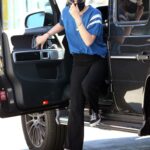 Lucy Hale in a Blue Tee Stops at a Gas Station in Los Angeles