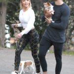 Mary Fitzgerald in a Black Snakeskin Print Leggings Goes on a Hike with Romain Bonnet in Los Angeles
